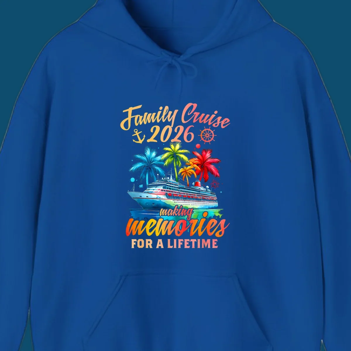 A vibrant family cruise 2026 memories design with a ship, colorful palm trees, and 'Family Cruise 2026 making memories for a lifetime' text.