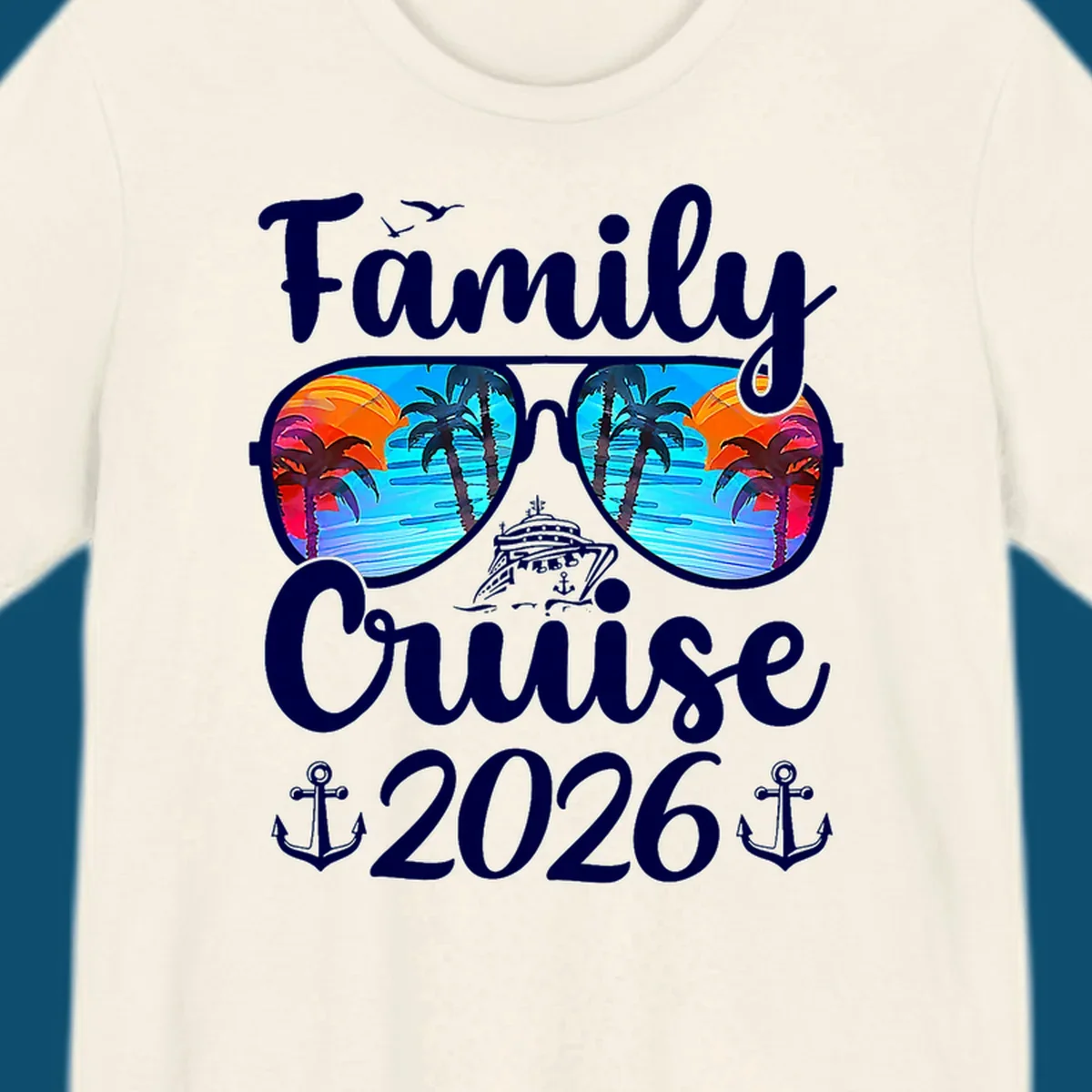 A family cruise design featuring sunglasses reflecting a tropical sunset with palm trees and a cruise ship, along with the text "Family Cruise 2026" and anchors.