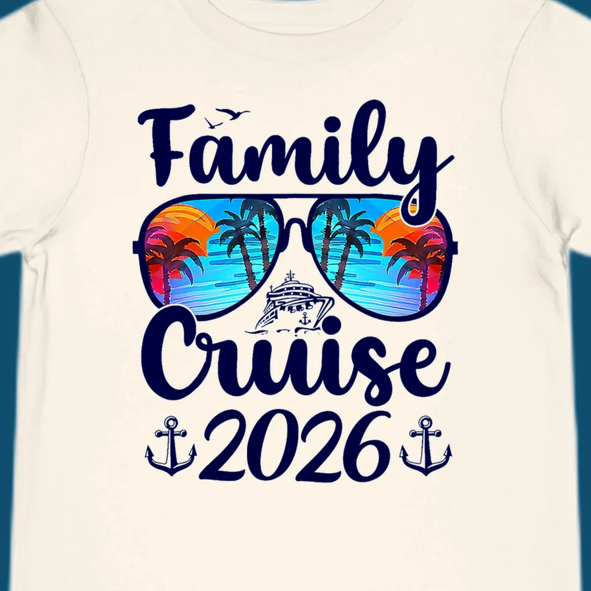 A family cruise design featuring sunglasses reflecting a tropical sunset with palm trees and a cruise ship, along with the text "Family Cruise 2026" and anchors.