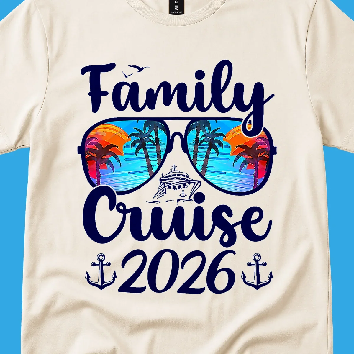 A family cruise design featuring sunglasses reflecting a tropical sunset with palm trees and a cruise ship, along with the text "Family Cruise 2026" and anchors.