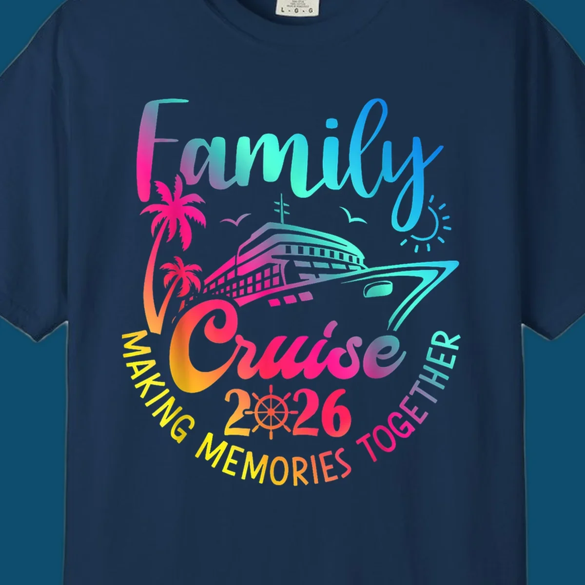 Vibrant gradient design for a family cruise 2026 featuring a cruise ship, palm trees, sun, and text 'Family Cruise 2026 Making Memories Together'.