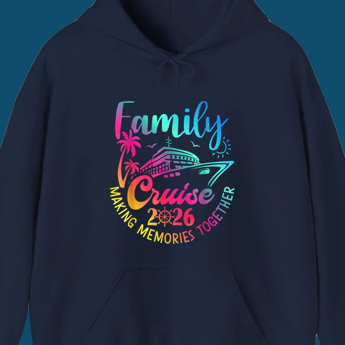 Vibrant gradient design for a family cruise 2026 featuring a cruise ship, palm trees, sun, and text 'Family Cruise 2026 Making Memories Together'.