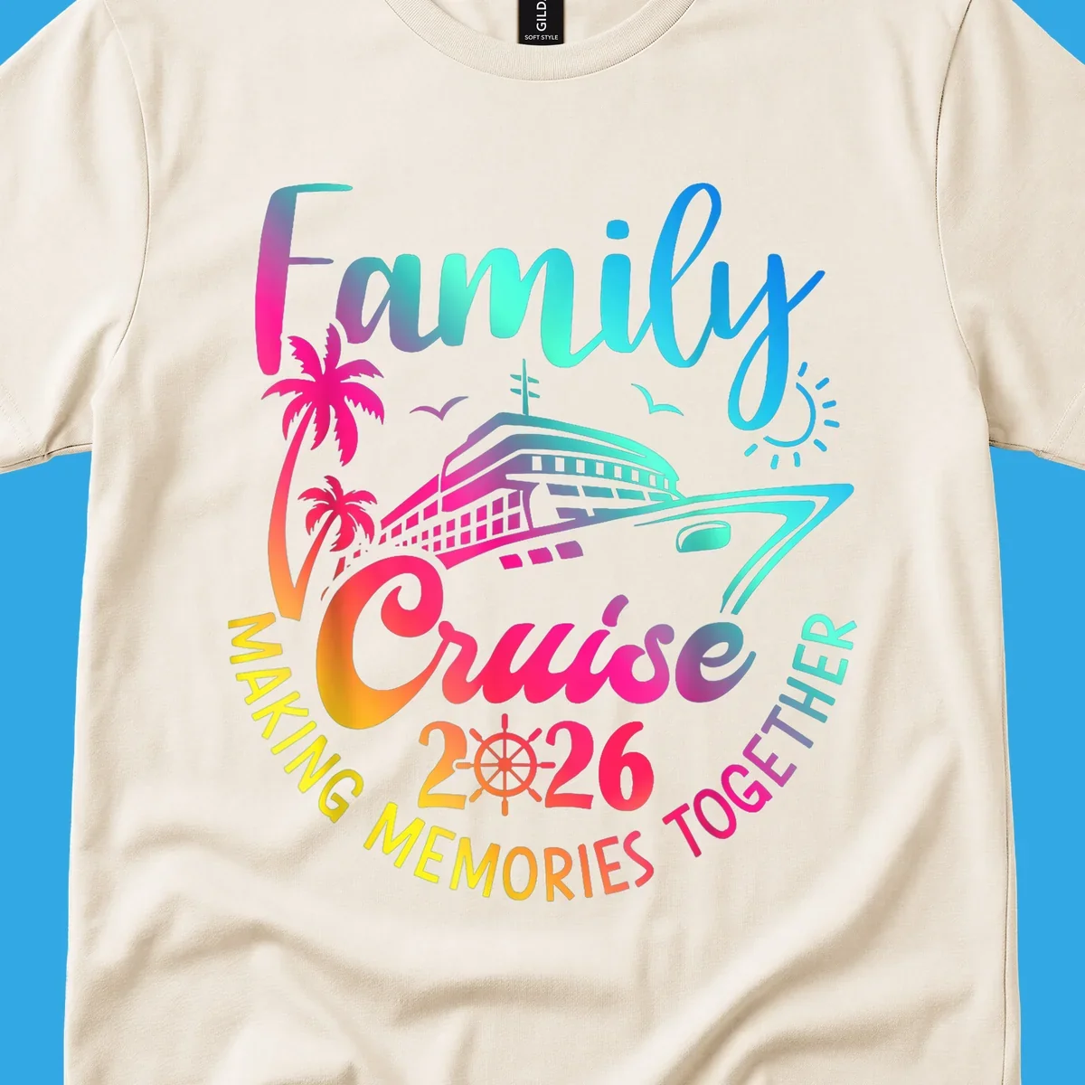 Vibrant gradient design for a family cruise 2026 featuring a cruise ship, palm trees, sun, and text 'Family Cruise 2026 Making Memories Together'.