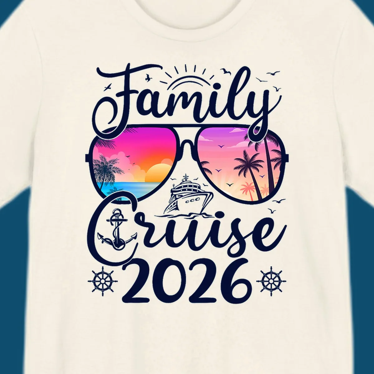 Family Cruise 2026 t-shirt design with sunglasses reflecting a tropical sunset, palm trees, ocean, and a cruise ship.