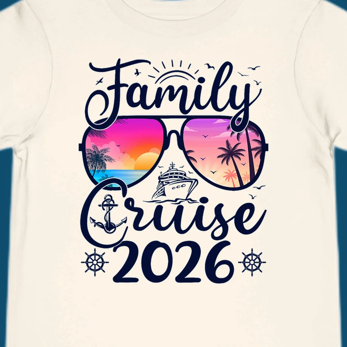Family Cruise 2026 t-shirt design with sunglasses reflecting a tropical sunset, palm trees, ocean, and a cruise ship.