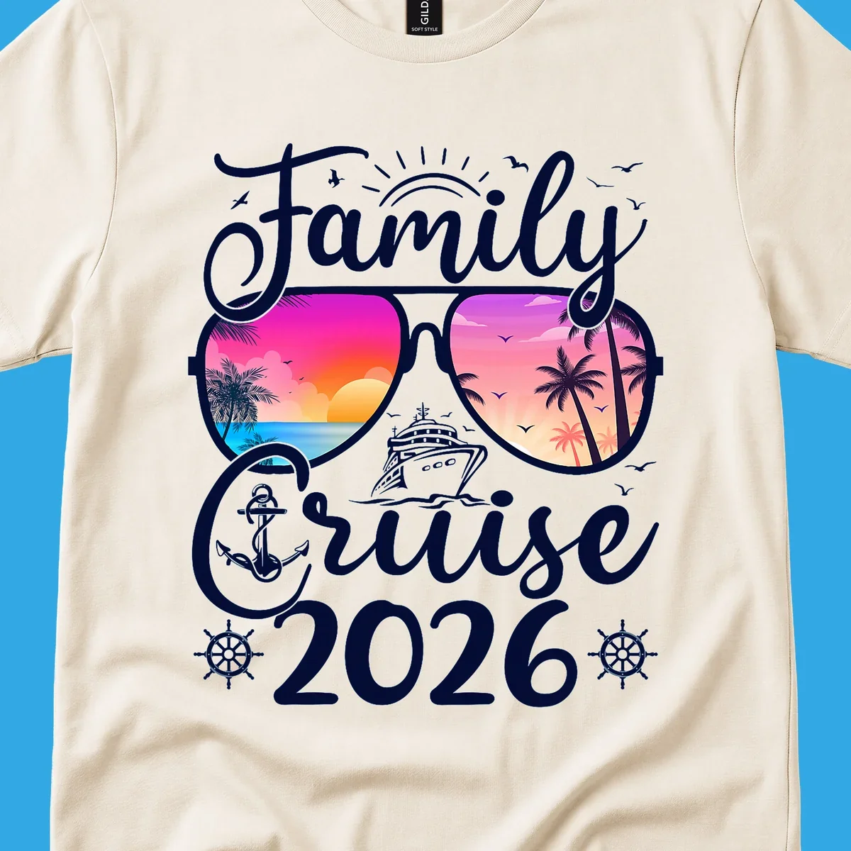 Family Cruise 2026 t-shirt design with sunglasses reflecting a tropical sunset, palm trees, ocean, and a cruise ship.