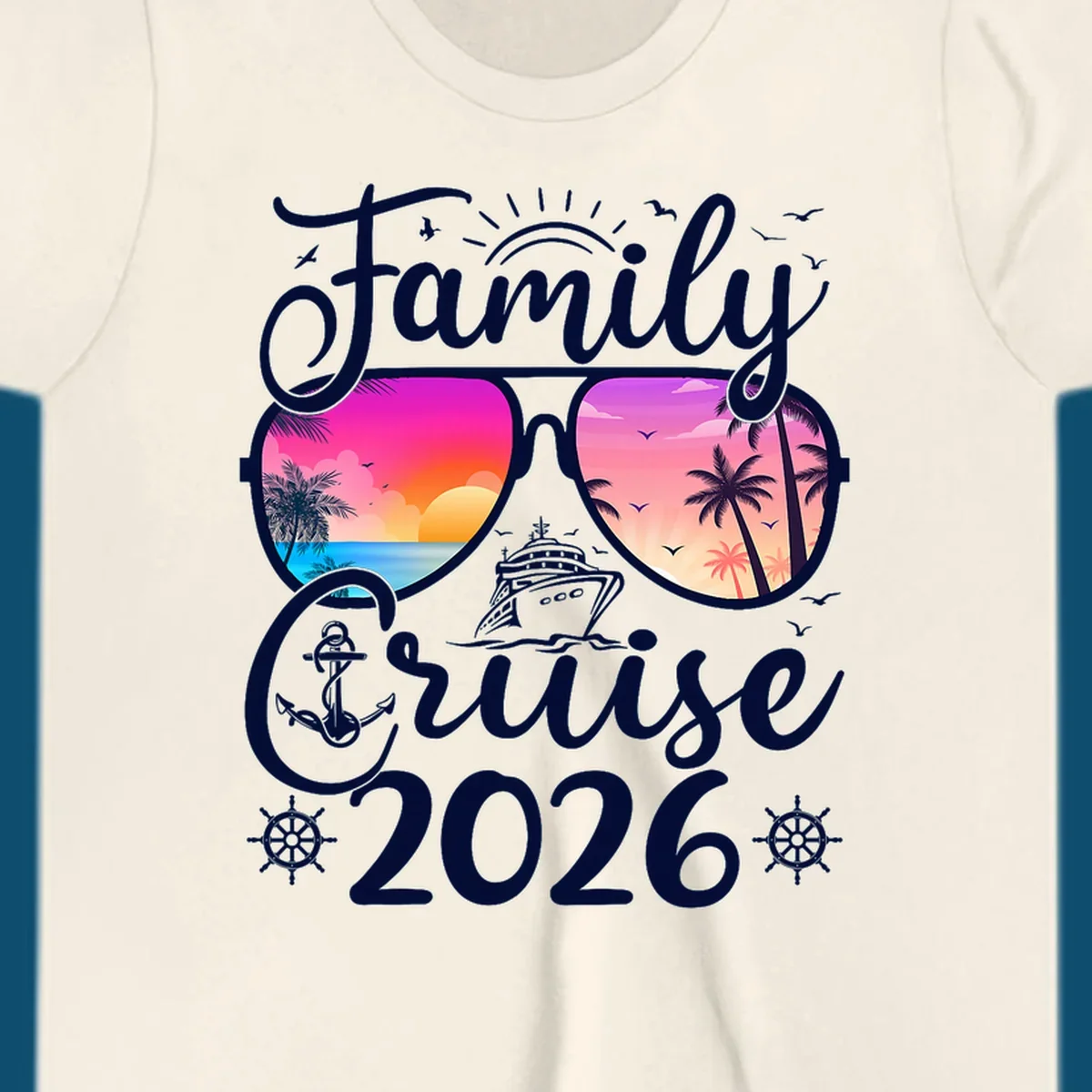 Family Cruise 2026 t-shirt design with sunglasses reflecting a tropical sunset, palm trees, ocean, and a cruise ship.