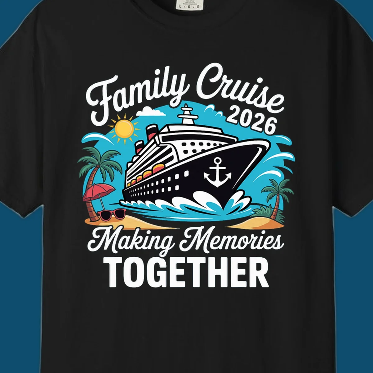 An illustration for a family cruise 2026 with a ship, sun, palm trees, and text 'Family Cruise 2026 Making Memories TOGETHER'.