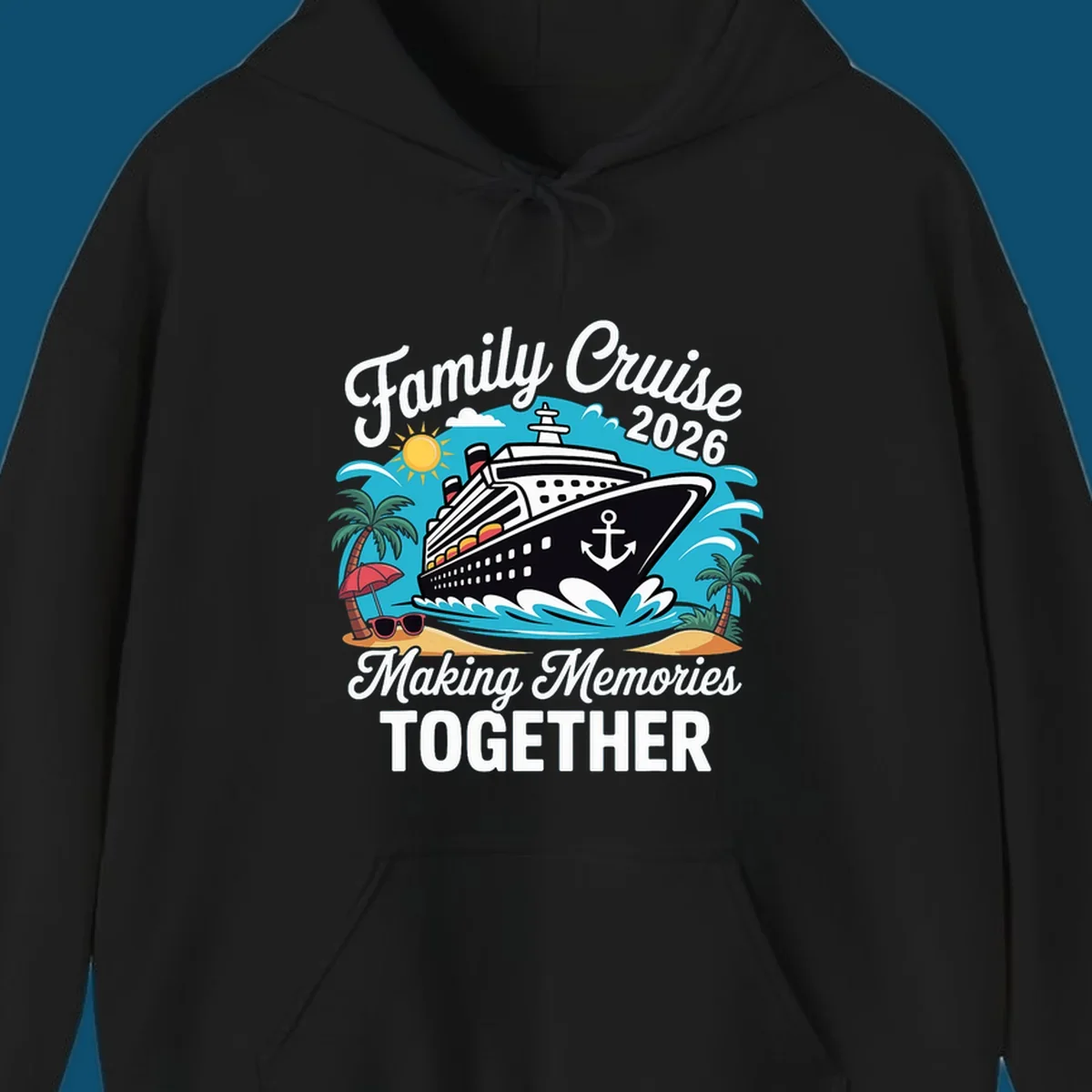 An illustration for a family cruise 2026 with a ship, sun, palm trees, and text 'Family Cruise 2026 Making Memories TOGETHER'.