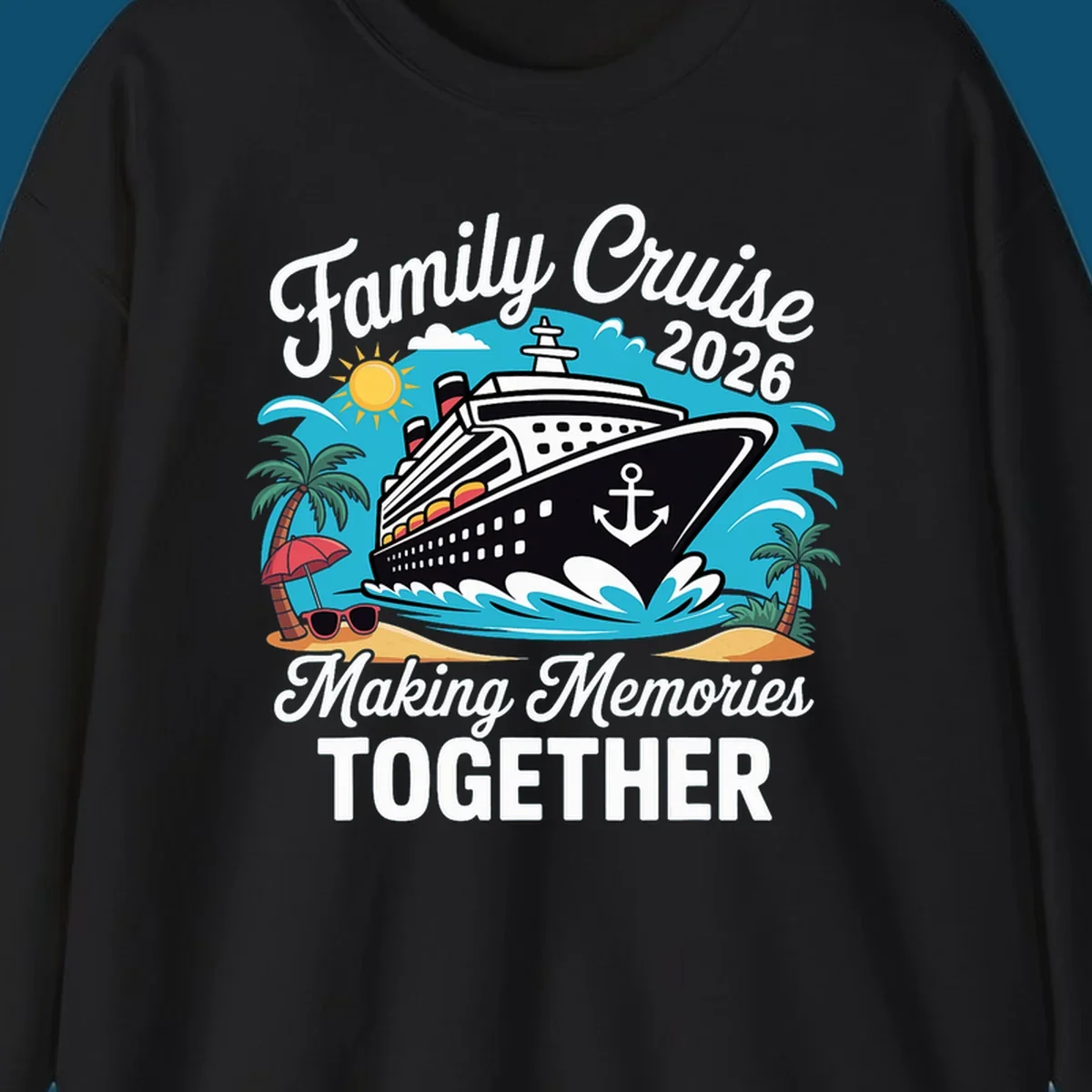 An illustration for a family cruise 2026 with a ship, sun, palm trees, and text 'Family Cruise 2026 Making Memories TOGETHER'.