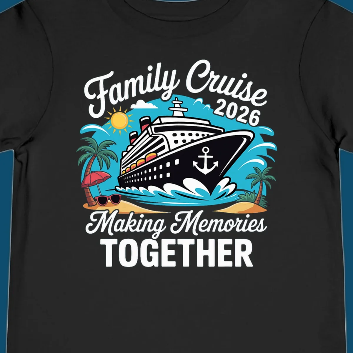 An illustration for a family cruise 2026 with a ship, sun, palm trees, and text 'Family Cruise 2026 Making Memories TOGETHER'.