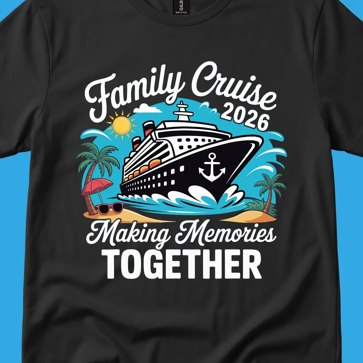 An illustration for a family cruise 2026 with a ship, sun, palm trees, and text 'Family Cruise 2026 Making Memories TOGETHER'.