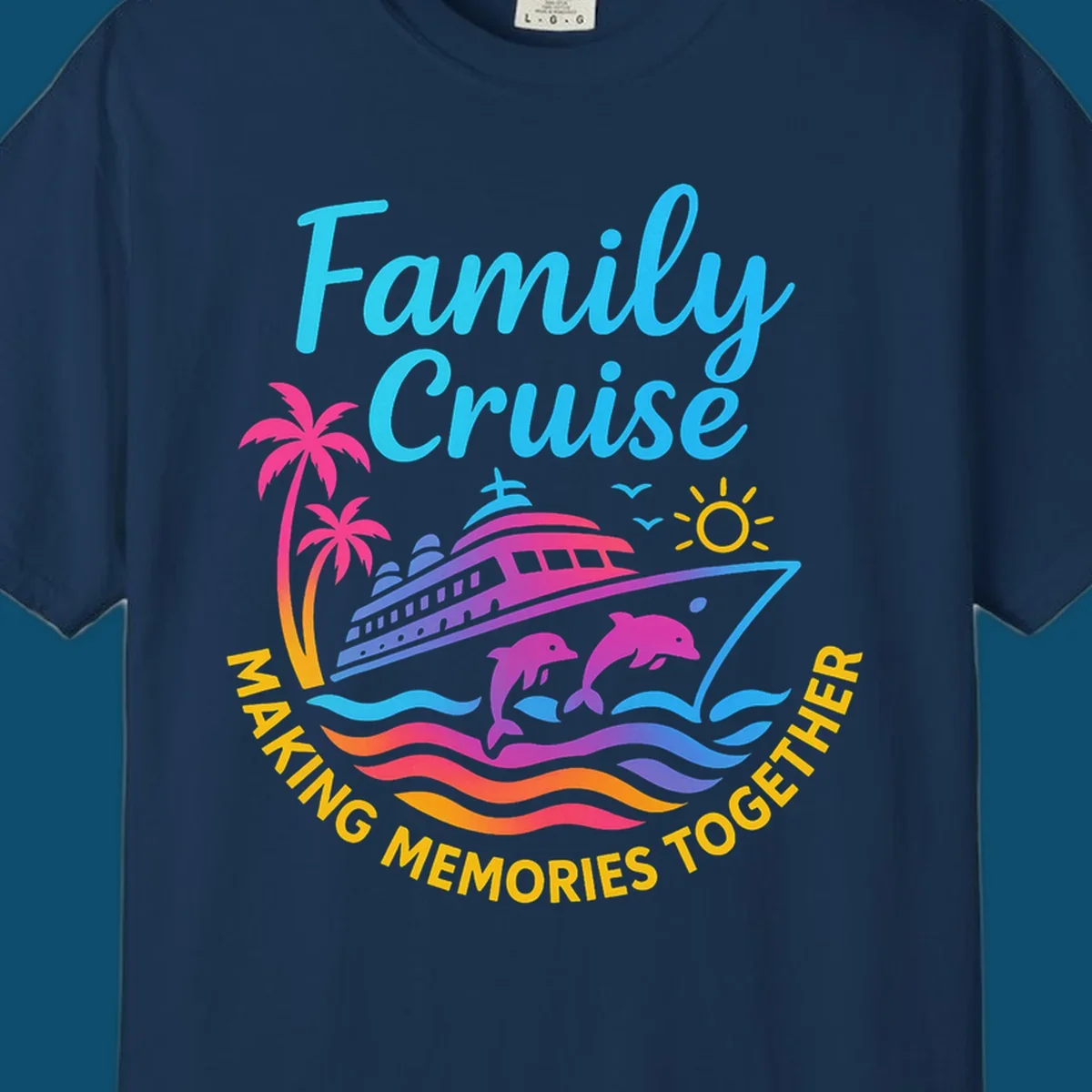 Vibrant family cruise memories vacation design with a ship, dolphins, palm trees, sun, and colorful waves.