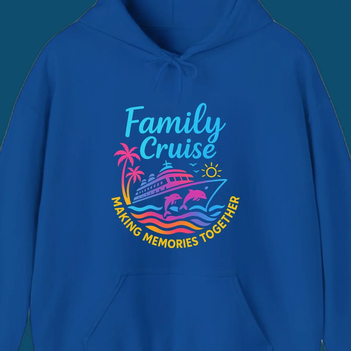 Vibrant family cruise memories vacation design with a ship, dolphins, palm trees, sun, and colorful waves.