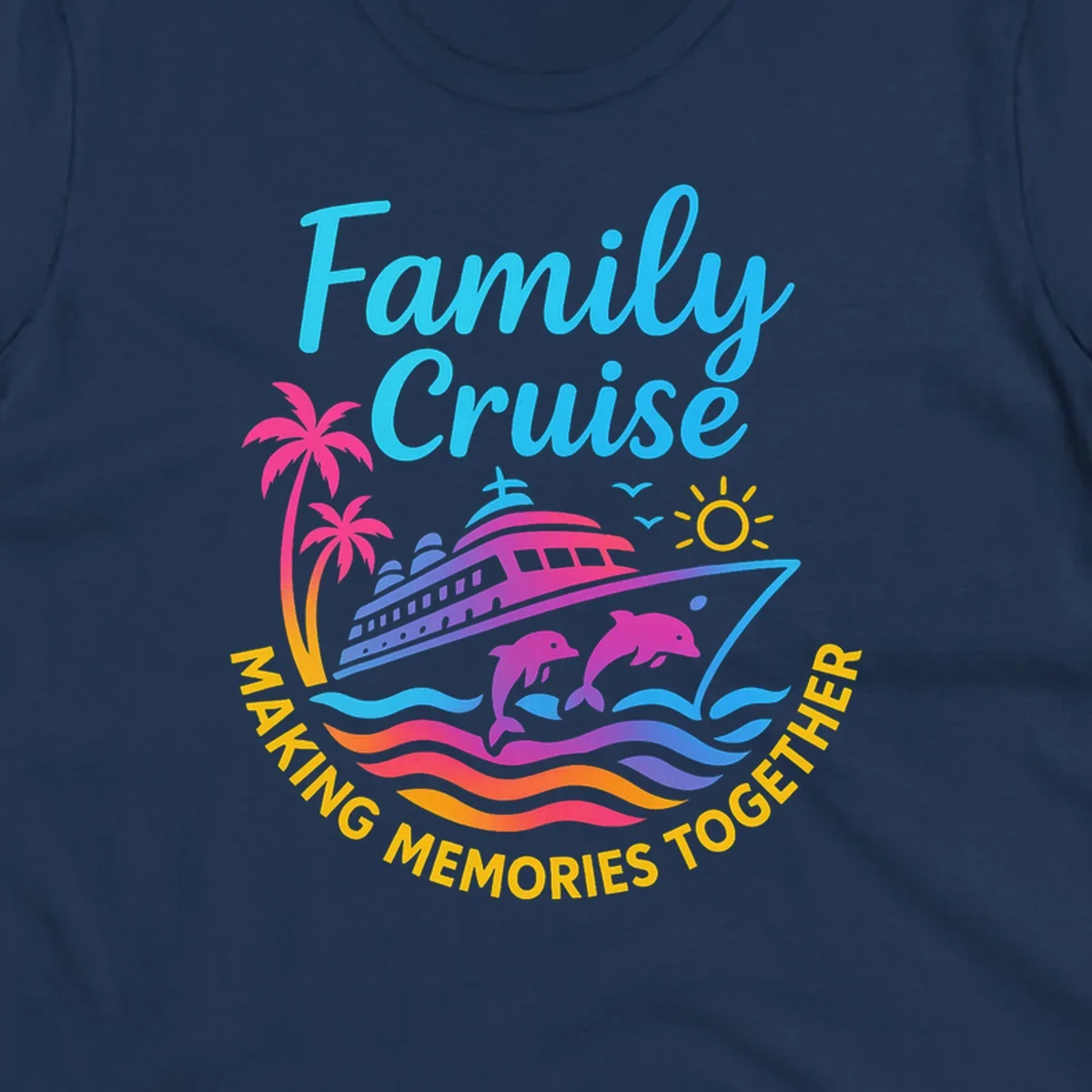 Vibrant family cruise memories vacation design with a ship, dolphins, palm trees, sun, and colorful waves.