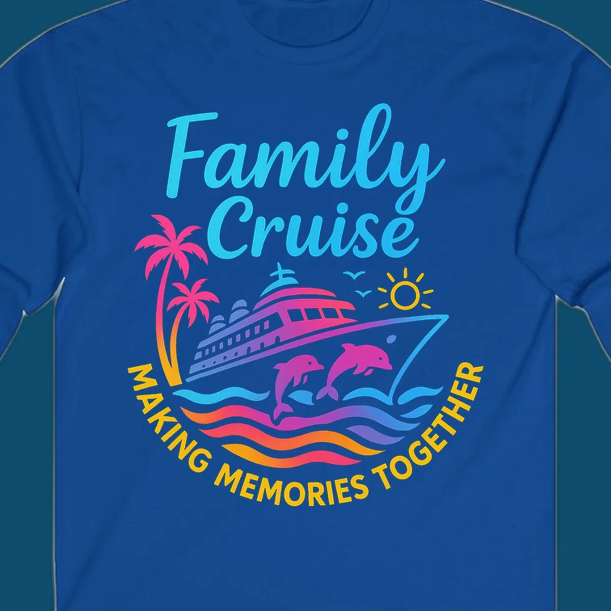 Vibrant family cruise memories vacation design with a ship, dolphins, palm trees, sun, and colorful waves.