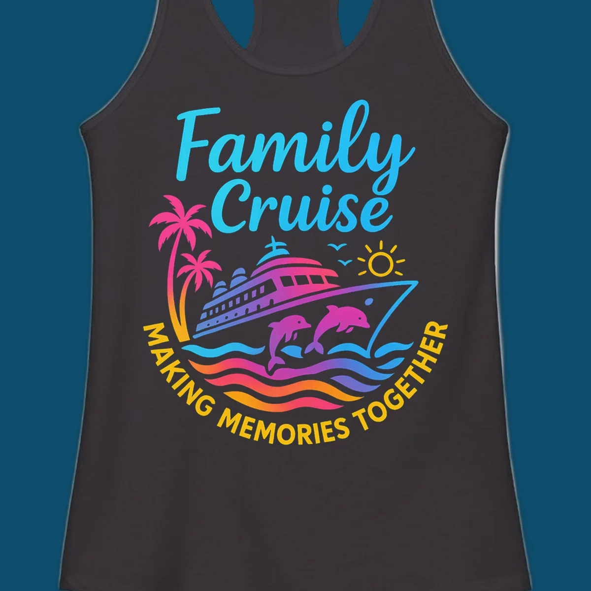 Vibrant family cruise memories vacation design with a ship, dolphins, palm trees, sun, and colorful waves.