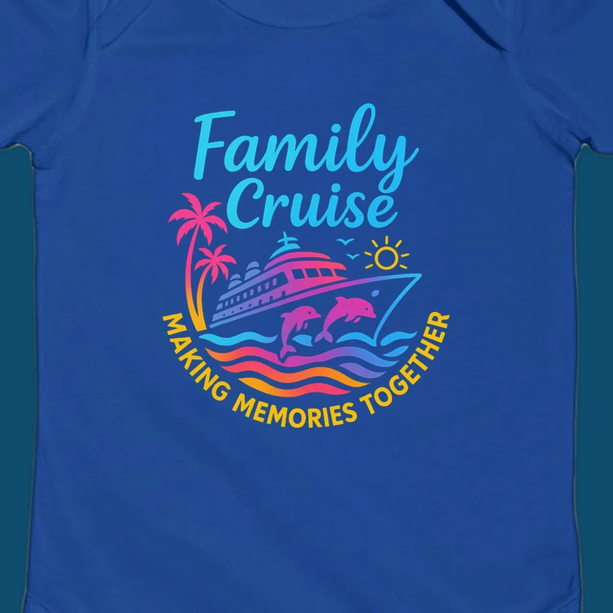 Vibrant family cruise memories vacation design with a ship, dolphins, palm trees, sun, and colorful waves.