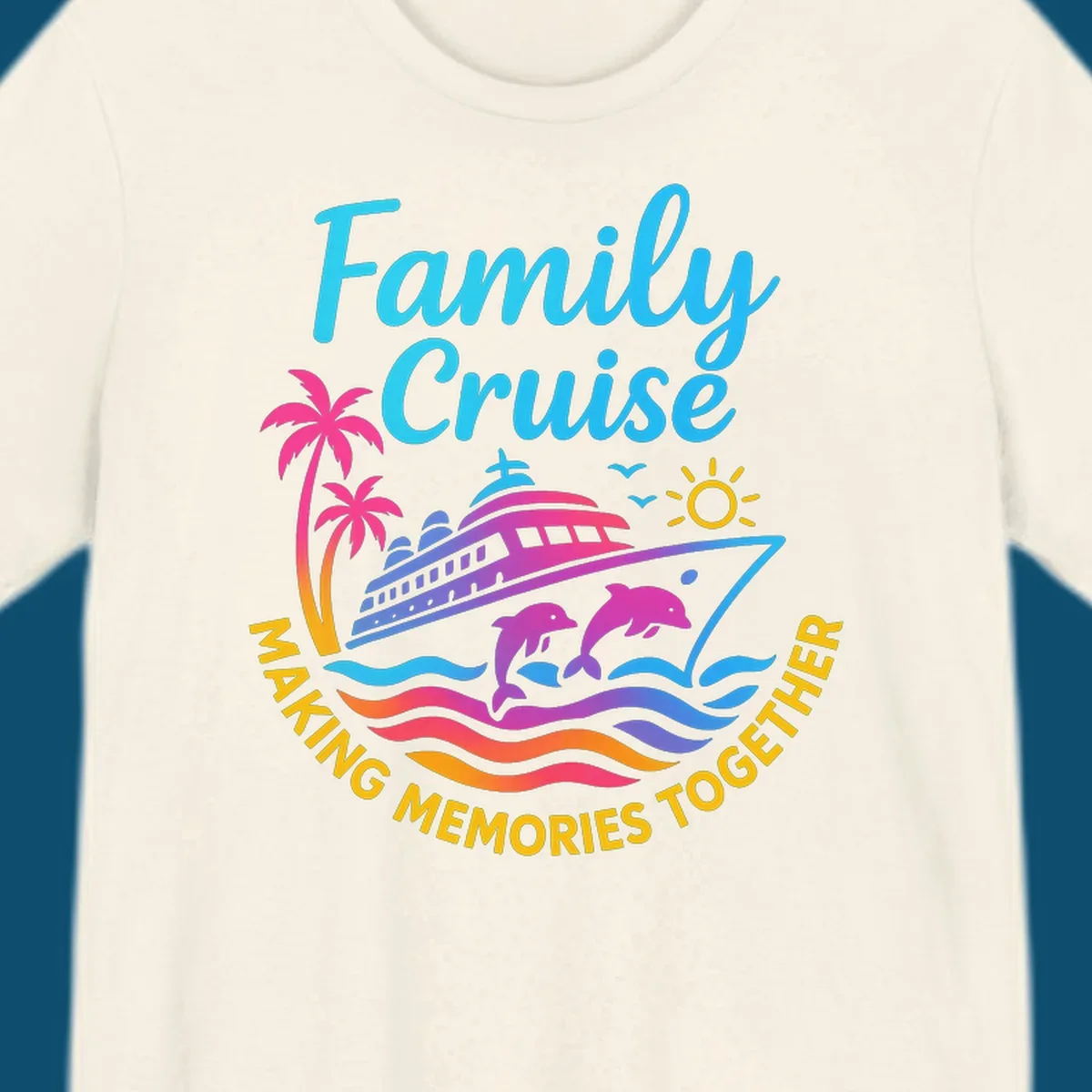 Vibrant family cruise memories vacation design with a ship, dolphins, palm trees, sun, and colorful waves.