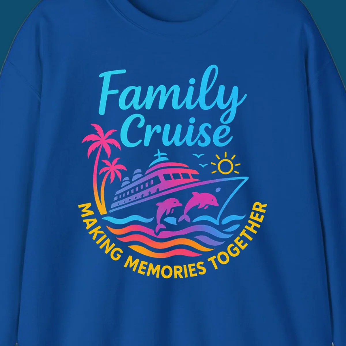 Vibrant family cruise memories vacation design with a ship, dolphins, palm trees, sun, and colorful waves.