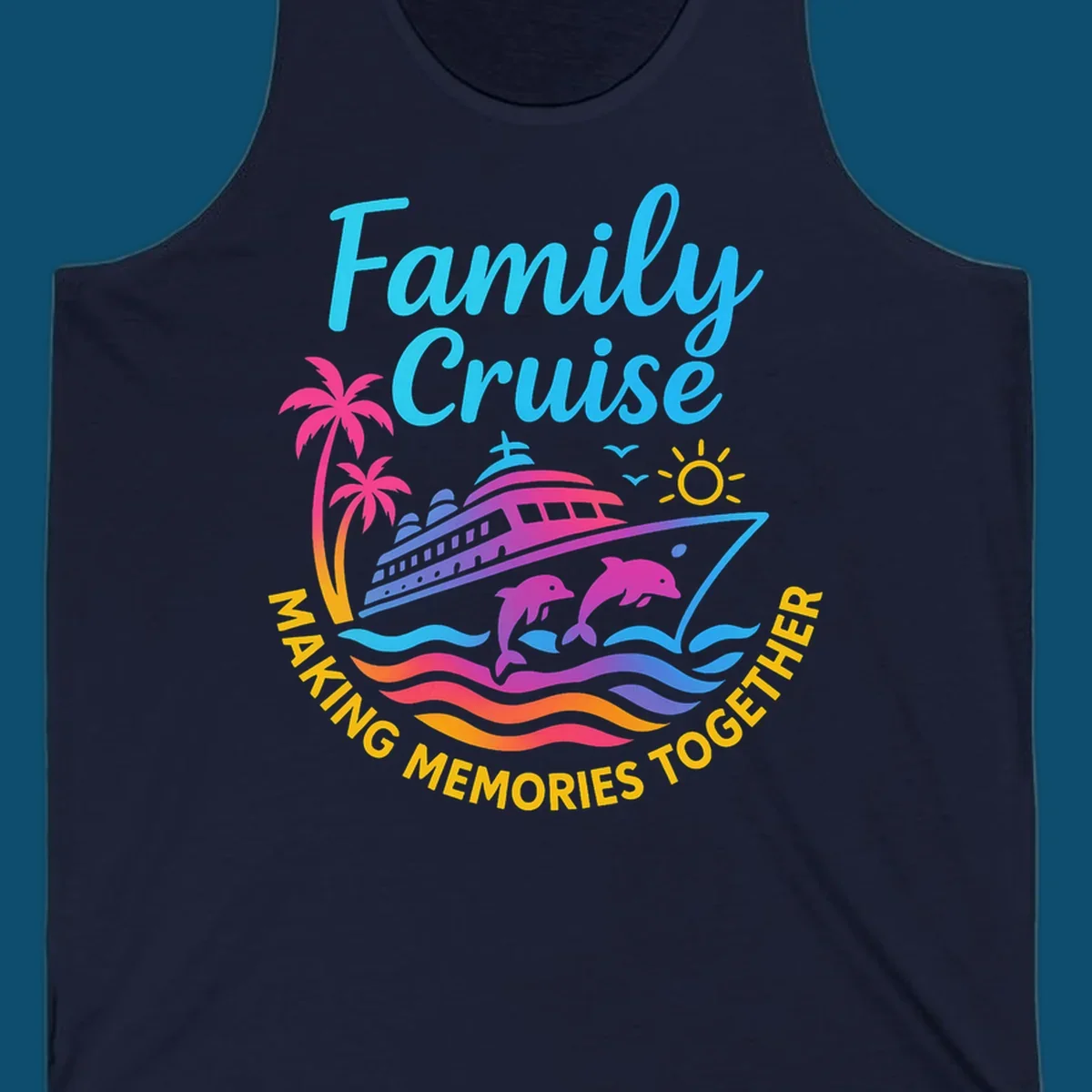 Vibrant family cruise memories vacation design with a ship, dolphins, palm trees, sun, and colorful waves.