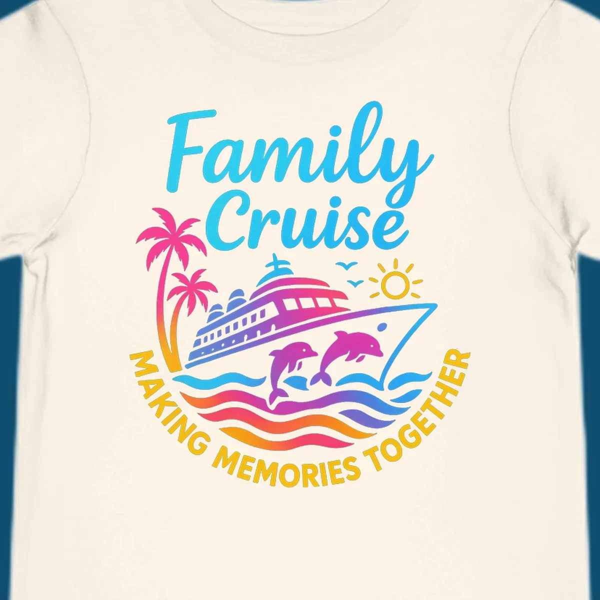 Vibrant family cruise memories vacation design with a ship, dolphins, palm trees, sun, and colorful waves.