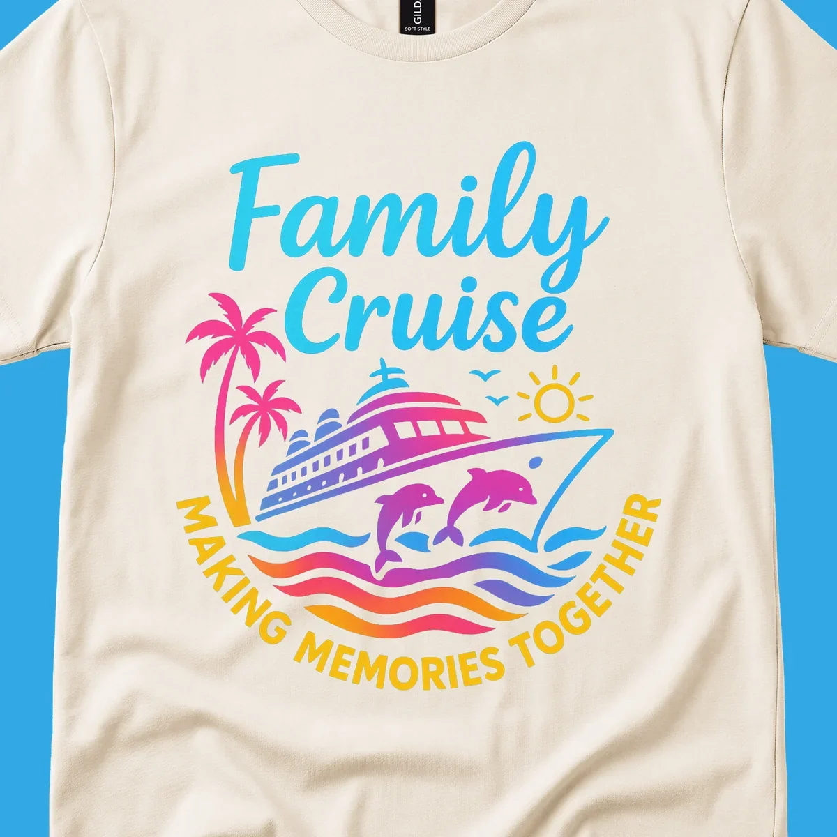 Vibrant family cruise memories vacation design with a ship, dolphins, palm trees, sun, and colorful waves.