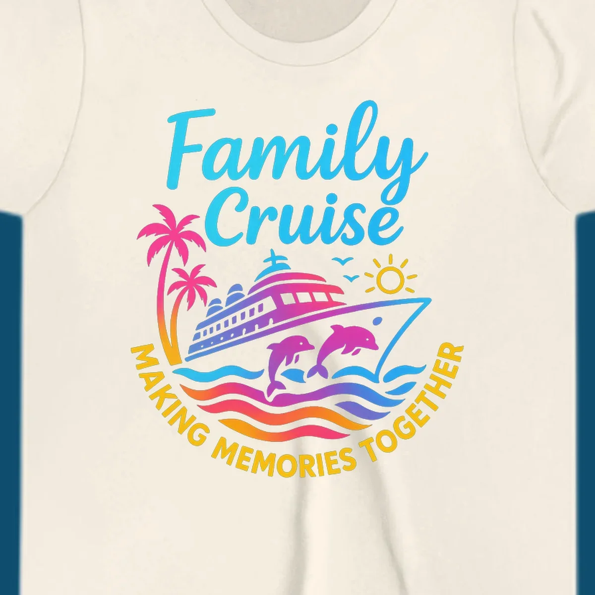 Vibrant family cruise memories vacation design with a ship, dolphins, palm trees, sun, and colorful waves.