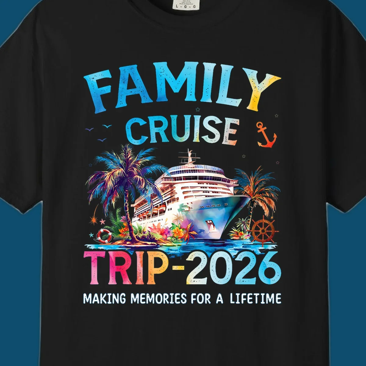 A colorful family cruise trip 2026 design with a ship, palm trees, tropical flowers, and text for family vacation.