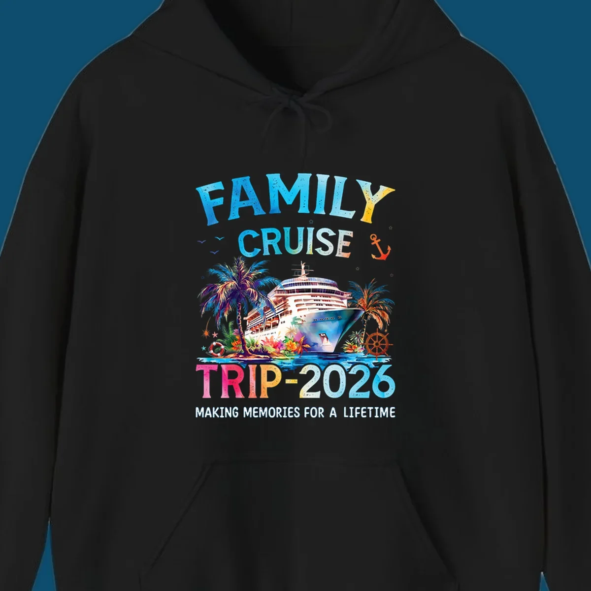 A colorful family cruise trip 2026 design with a ship, palm trees, tropical flowers, and text for family vacation.