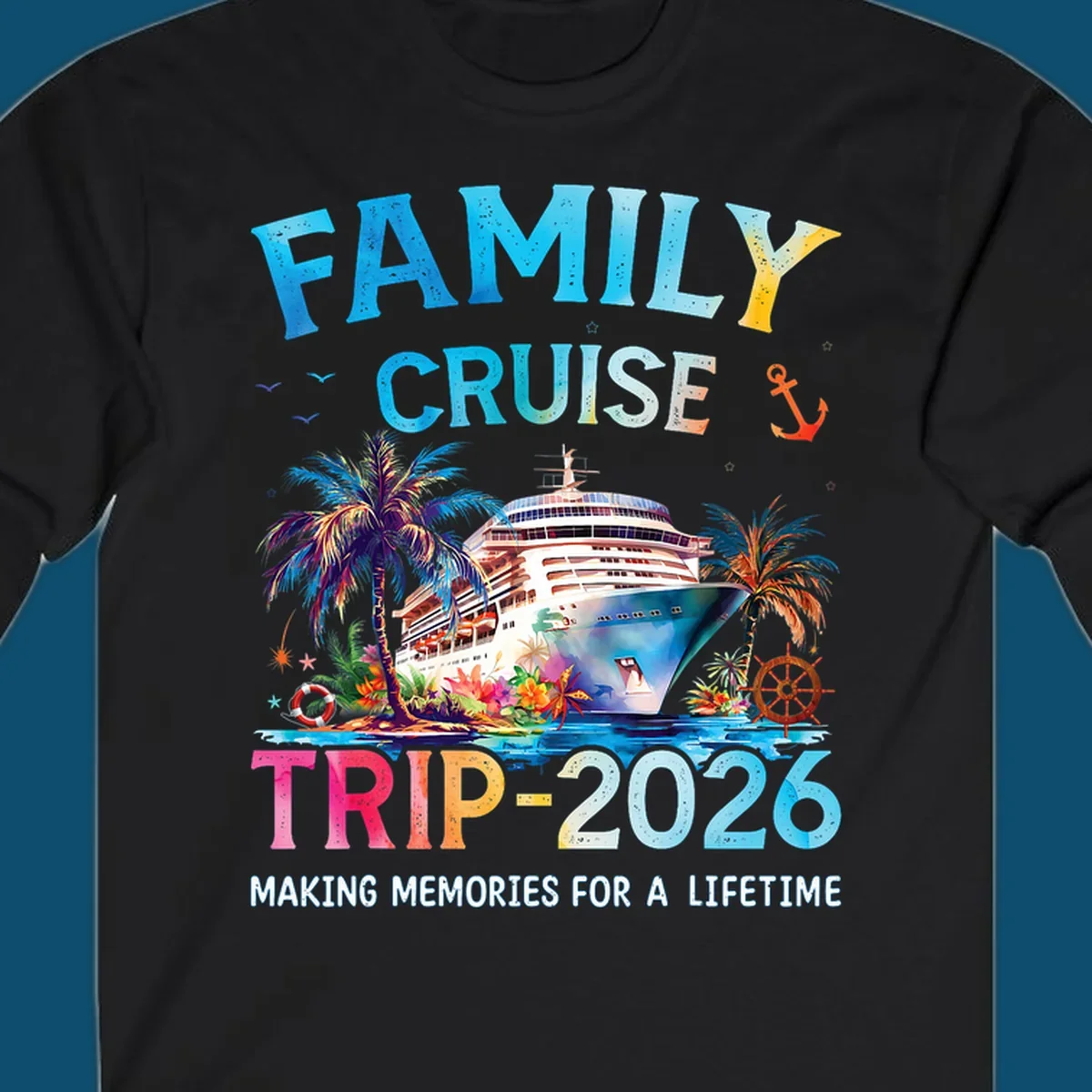 A colorful family cruise trip 2026 design with a ship, palm trees, tropical flowers, and text for family vacation.