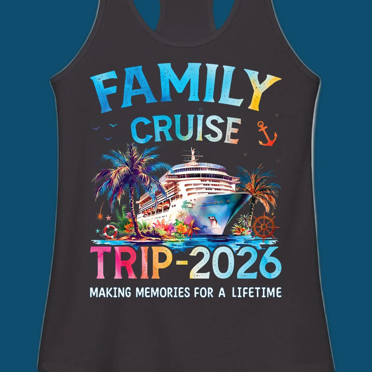 A colorful family cruise trip 2026 design with a ship, palm trees, tropical flowers, and text for family vacation.