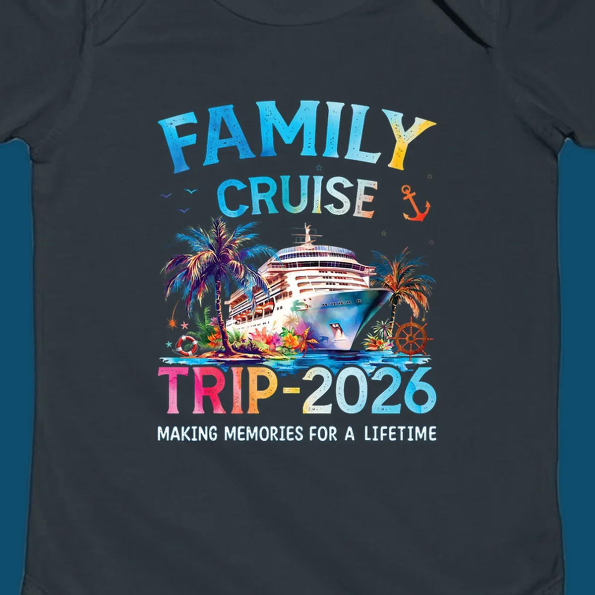 A colorful family cruise trip 2026 design with a ship, palm trees, tropical flowers, and text for family vacation.