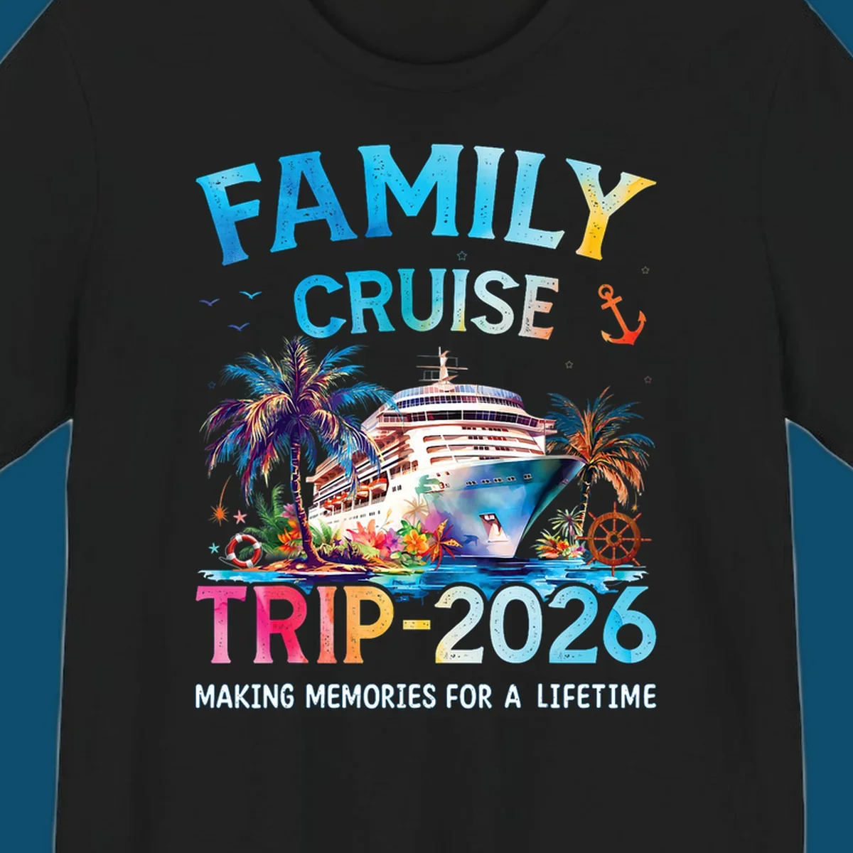 A colorful family cruise trip 2026 design with a ship, palm trees, tropical flowers, and text for family vacation.