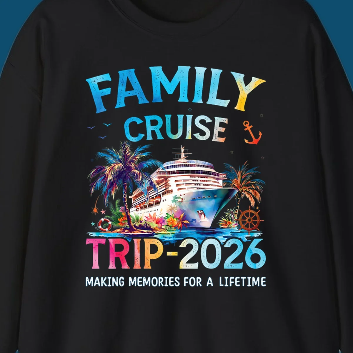 A colorful family cruise trip 2026 design with a ship, palm trees, tropical flowers, and text for family vacation.