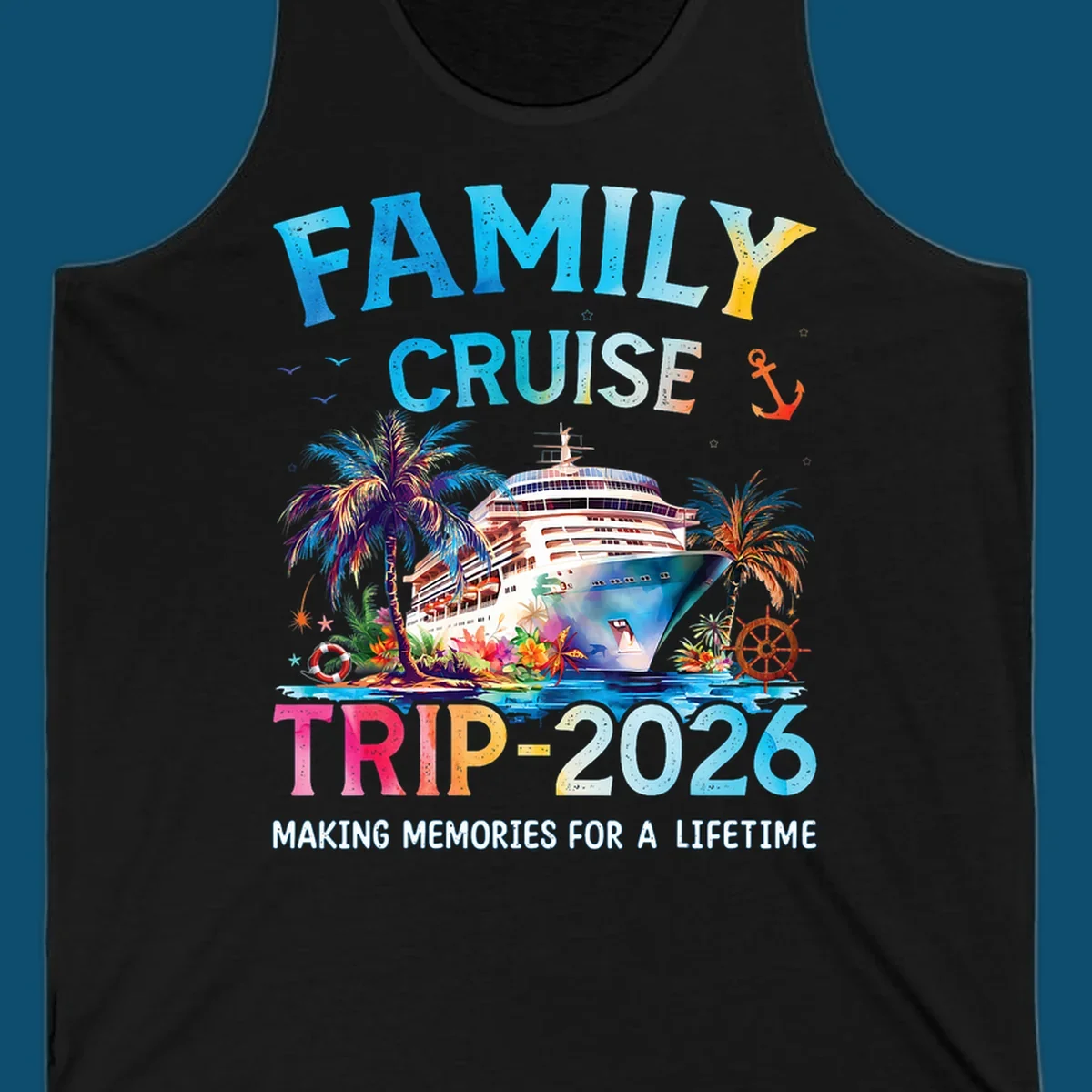 A colorful family cruise trip 2026 design with a ship, palm trees, tropical flowers, and text for family vacation.