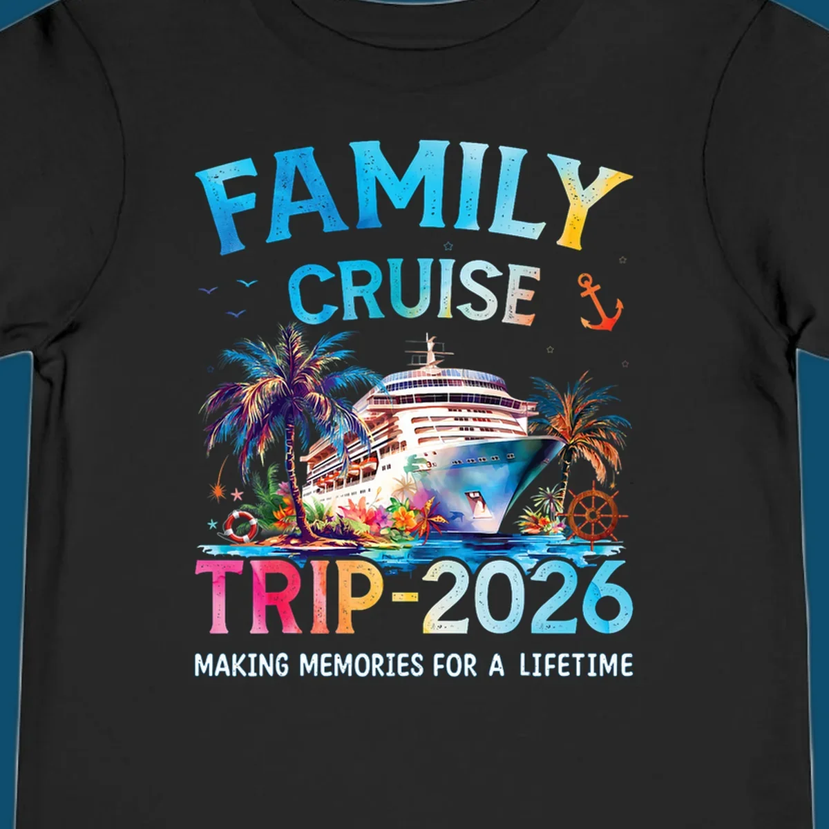 A colorful family cruise trip 2026 design with a ship, palm trees, tropical flowers, and text for family vacation.