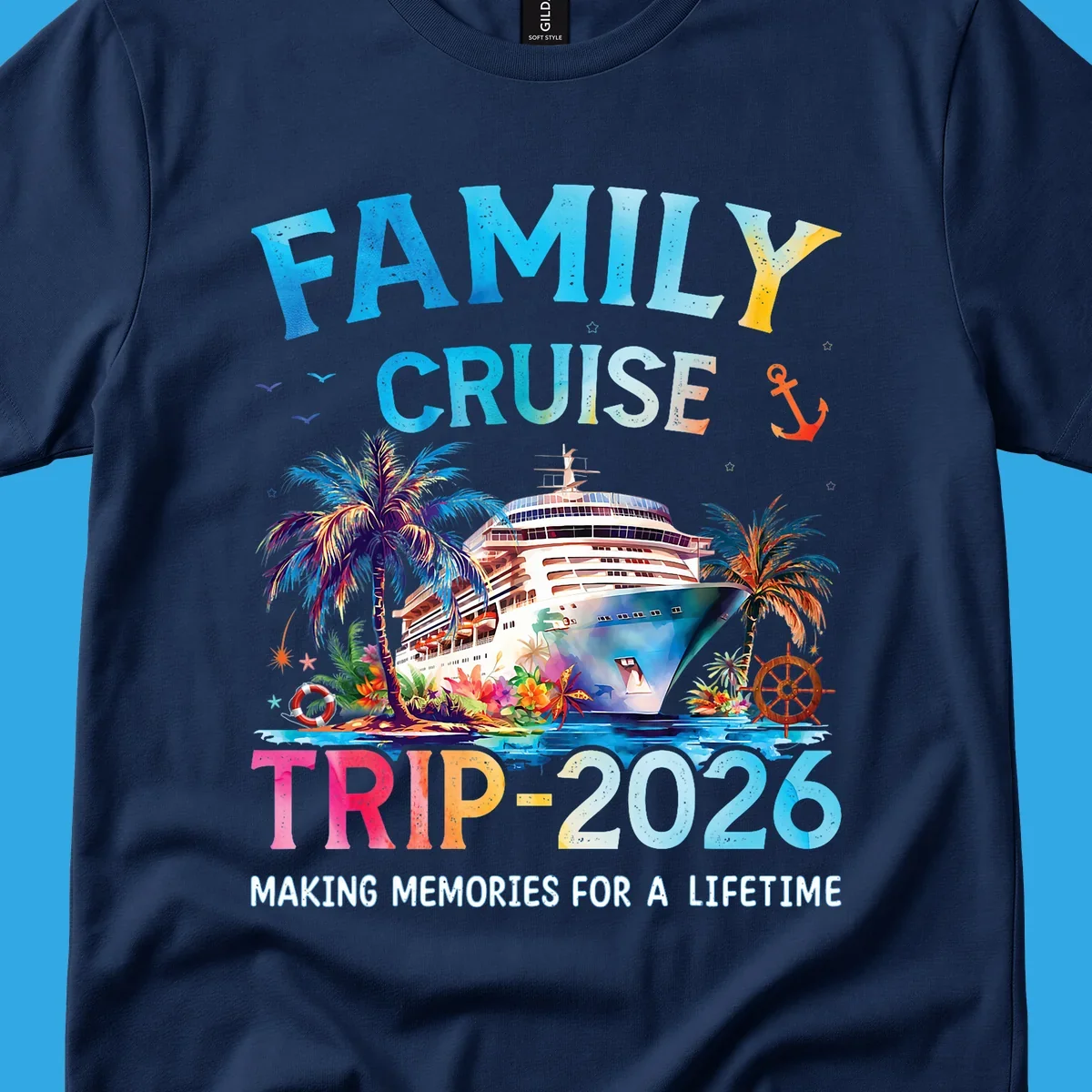 A colorful family cruise trip 2026 design with a ship, palm trees, tropical flowers, and text for family vacation.