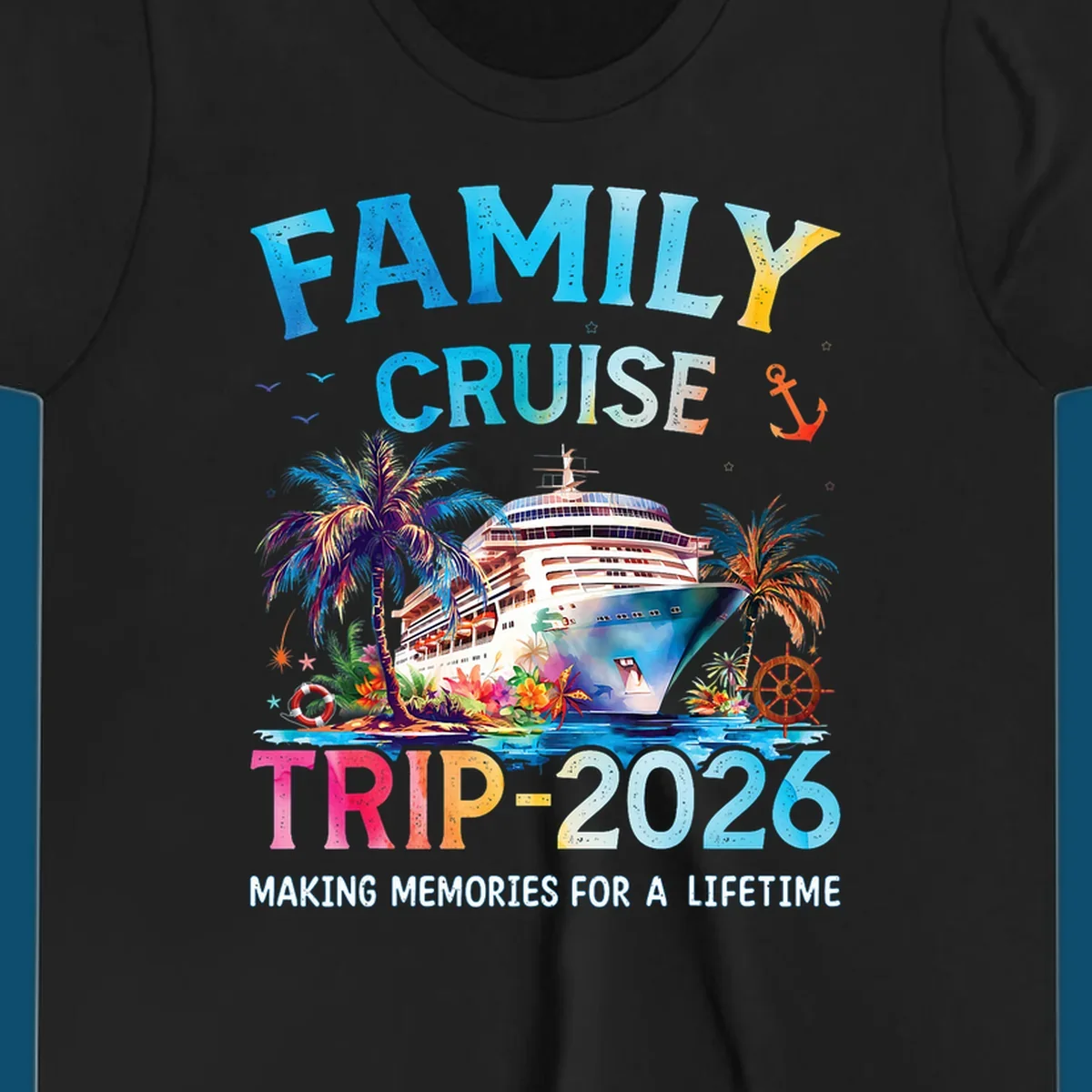 A colorful family cruise trip 2026 design with a ship, palm trees, tropical flowers, and text for family vacation.