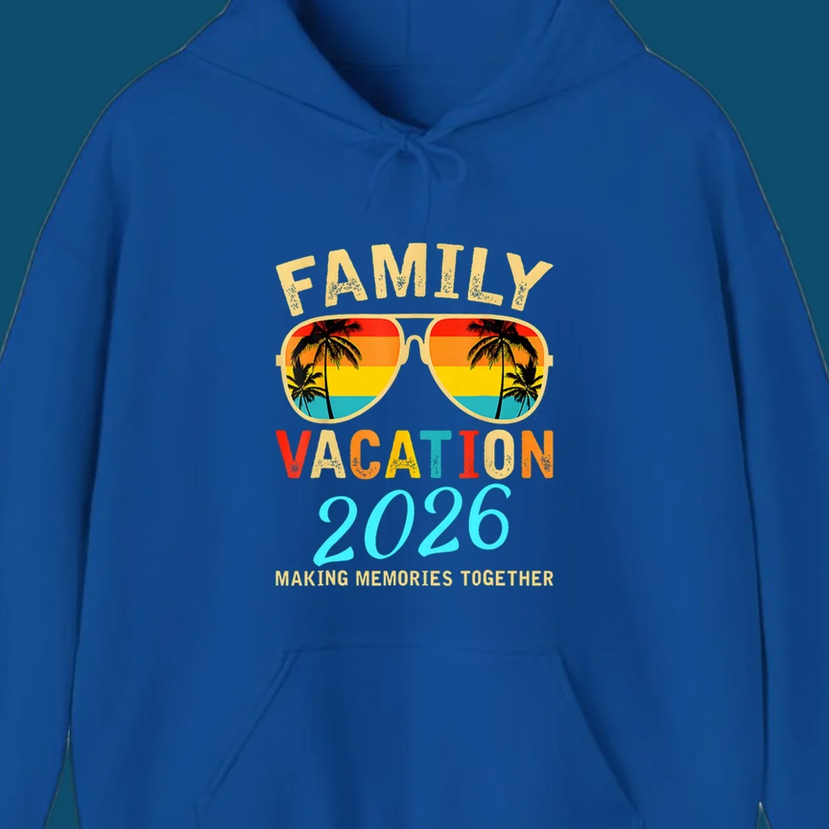 A family vacation 2026 sunglasses design with palm trees and a sunset reflection, and the phrase 'Making Memories Together'.