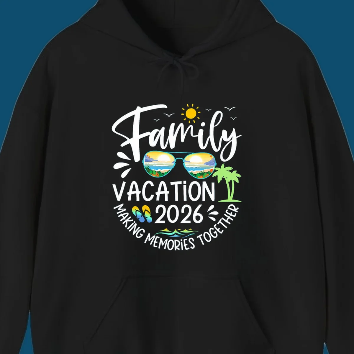A white text design for Family Vacation 2026 Making Memories Together, featuring sunglasses reflecting a beach, sun, birds, palm tree, and flip-flops.