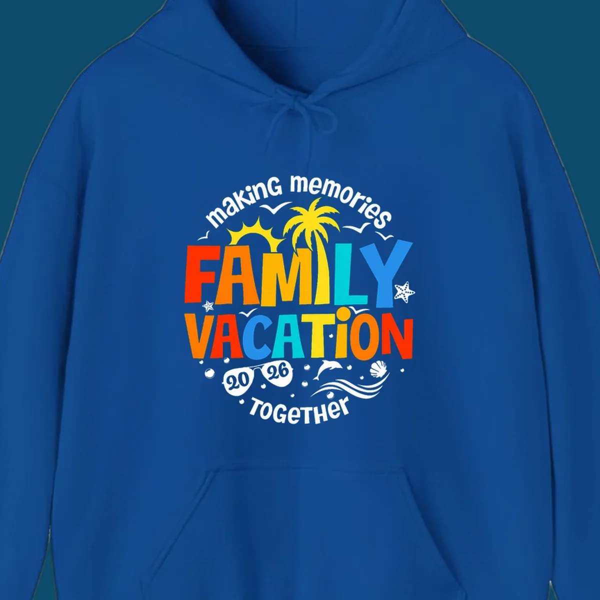 Illustrated text design "making memories family vacation 2026 together" with a palm tree, sun, ocean elements, and sunglasses.