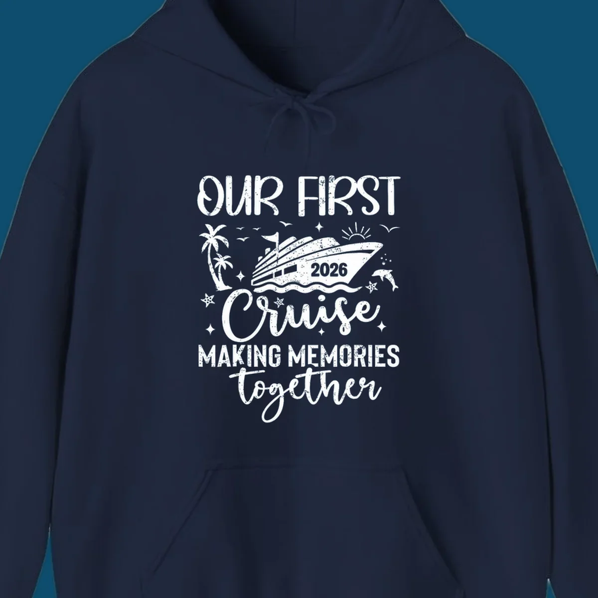 A graphic design for 'Our First Cruise 2026' with a cruise ship, palm trees, dolphins, and stars, perfect for a family vacation.