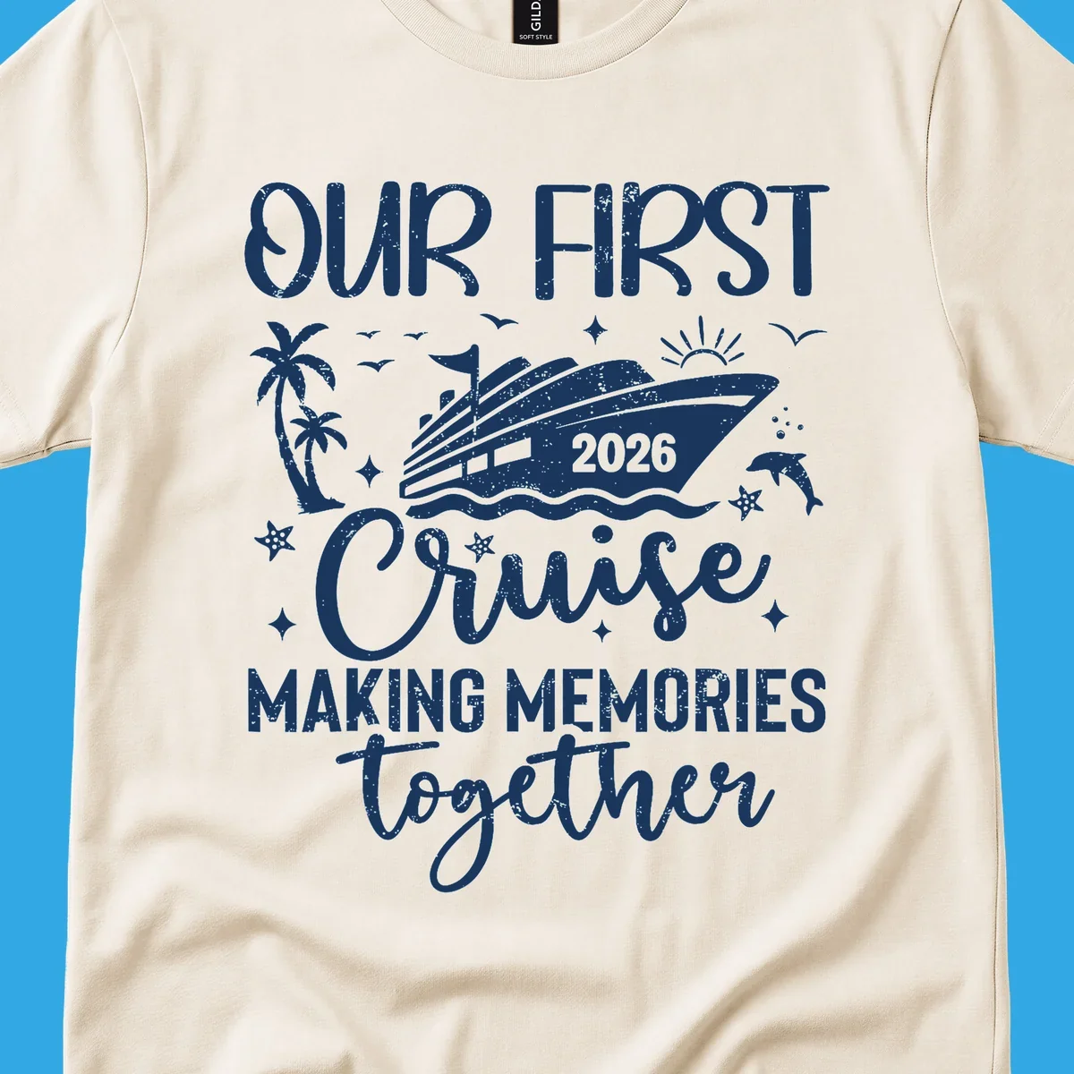 A graphic design for 'Our First Cruise 2026' with a cruise ship, palm trees, dolphins, and stars, perfect for a family vacation.