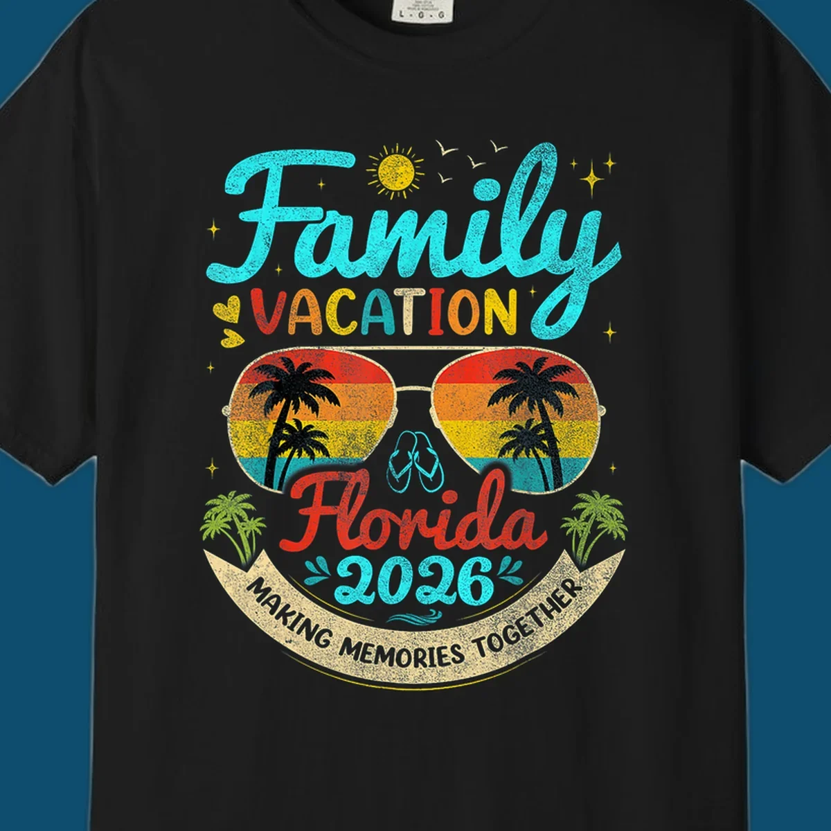 A vibrant family Florida vacation 2026 design featuring large text, sunglasses with palm trees, and a banner.