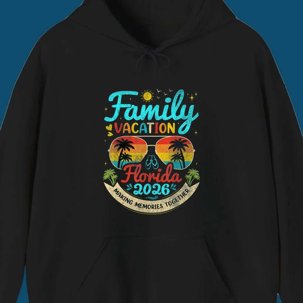A vibrant family Florida vacation 2026 design featuring large text, sunglasses with palm trees, and a banner.