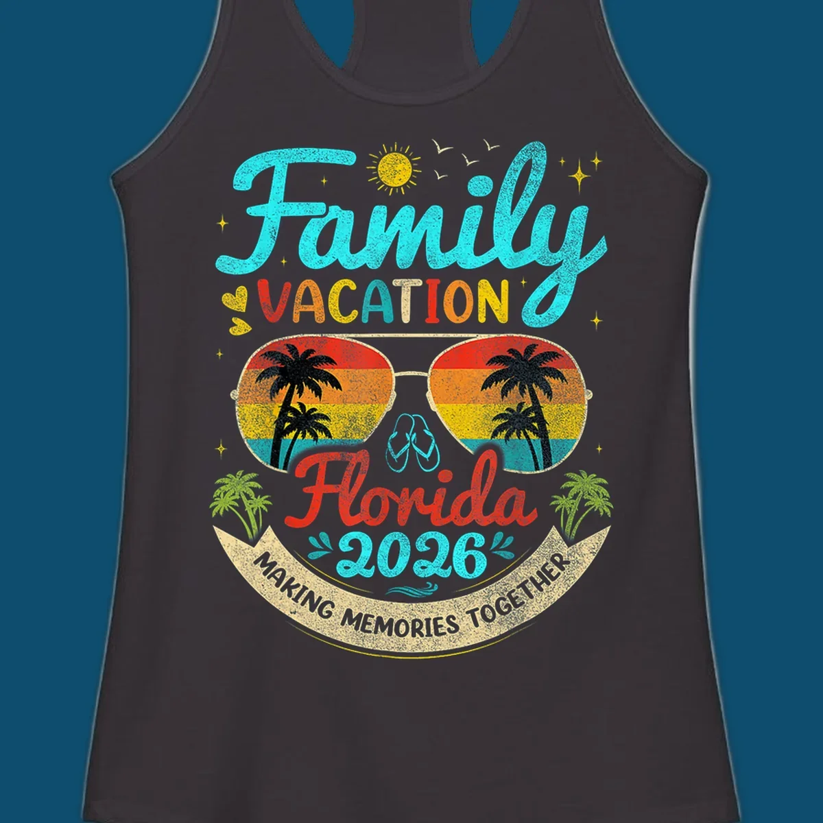 A vibrant family Florida vacation 2026 design featuring large text, sunglasses with palm trees, and a banner.