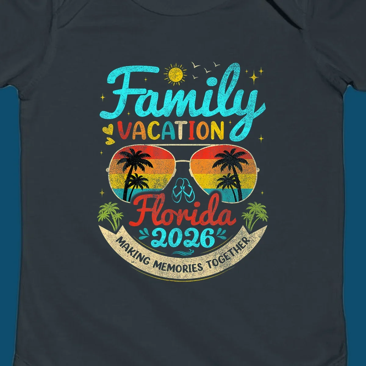 A vibrant family Florida vacation 2026 design featuring large text, sunglasses with palm trees, and a banner.