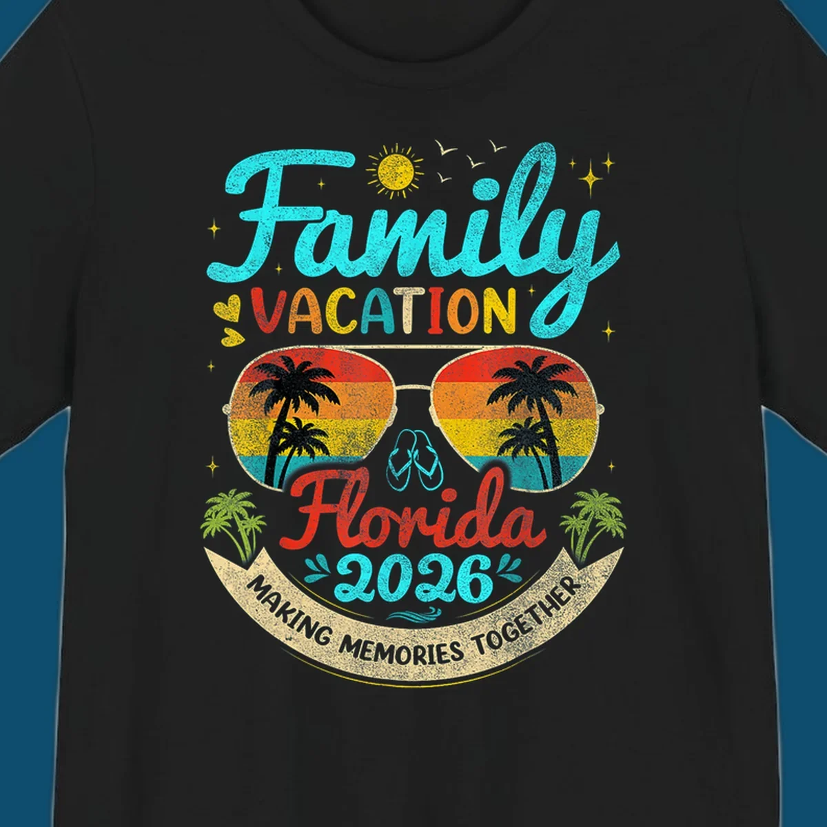 A vibrant family Florida vacation 2026 design featuring large text, sunglasses with palm trees, and a banner.