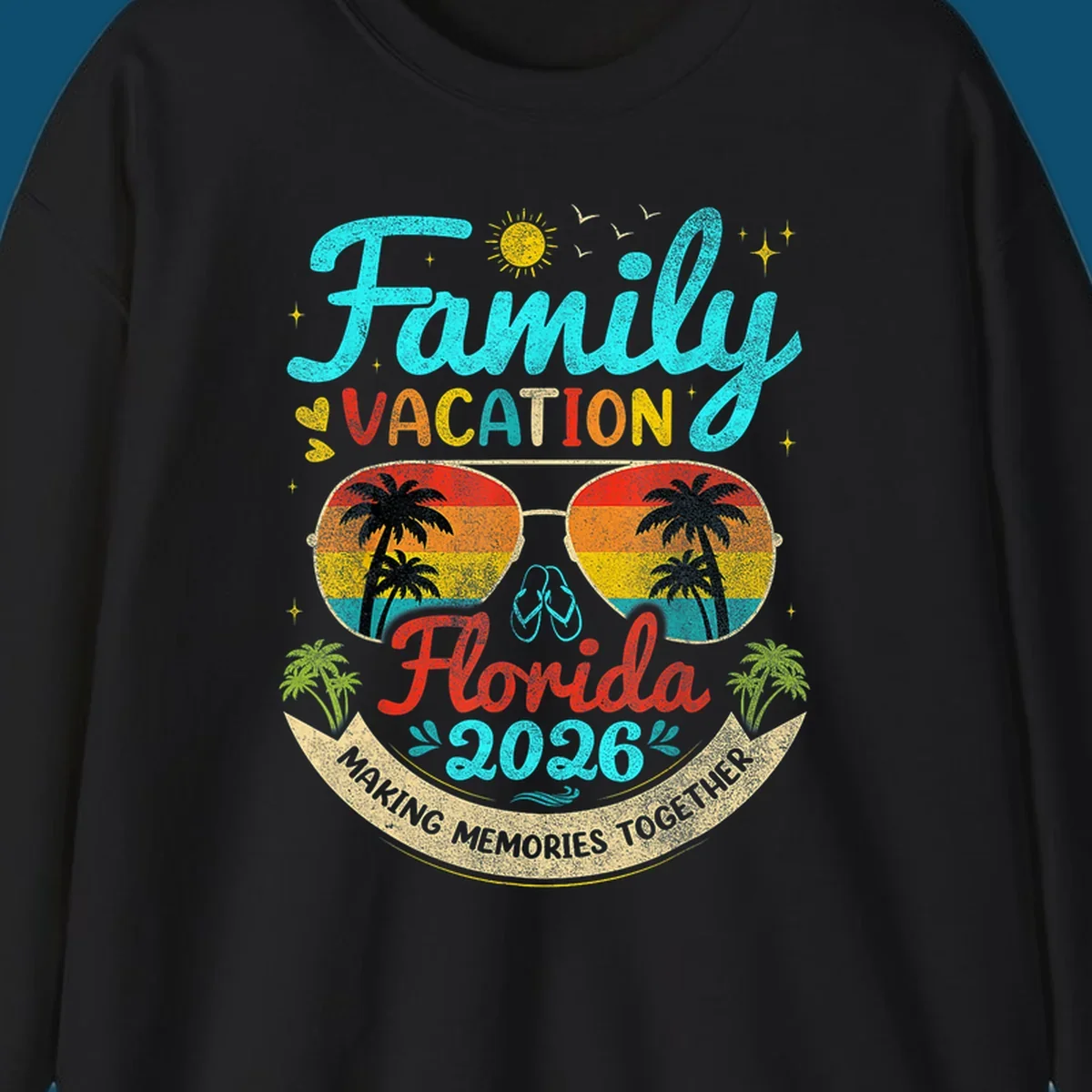 A vibrant family Florida vacation 2026 design featuring large text, sunglasses with palm trees, and a banner.